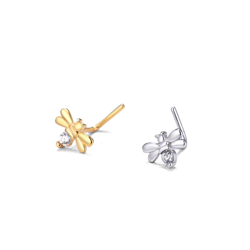 Cute Mini CZ Honey Bee 925 Sterling L Shape Nose Stud