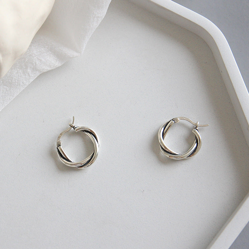 Vintage Twisted Design Retro Silver S925 Sterling Silver Hoop Earrings f