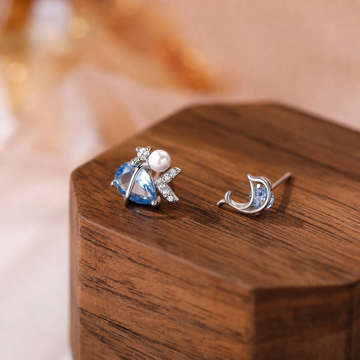 Asymmetrical Dolphin Mermaid Tail Blue Cubic Zirconia S925 Sterling Silver Ear Stud Earrings