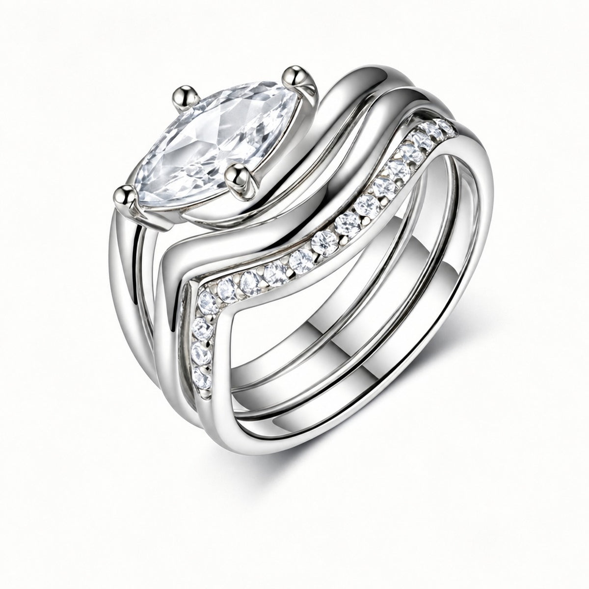 Mossanite Marquise Cut 3 Piece Set of 925 Sterling Silver Rings