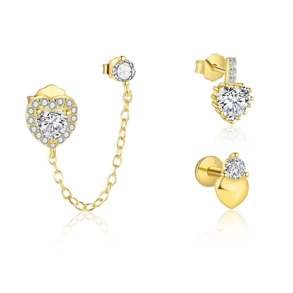 Anniversary Golden CZ Heart 925 Sterling Silver Stud Earrings