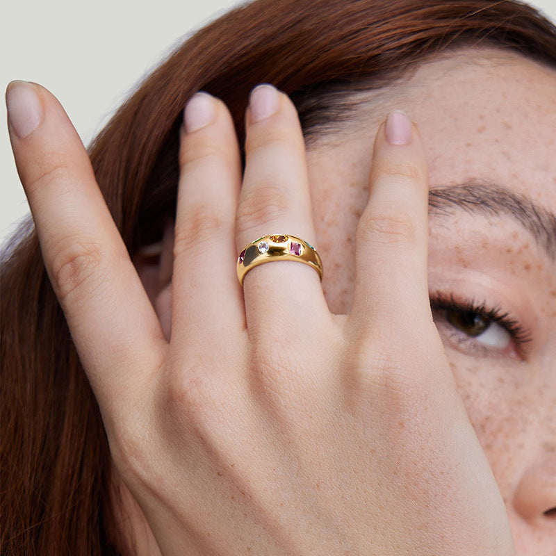 Modern Elegant Statement Jewelry Multicolor Geometric Cubic Zirconia 925 Sterling Silver Ring Yellow Gold  Band Ring