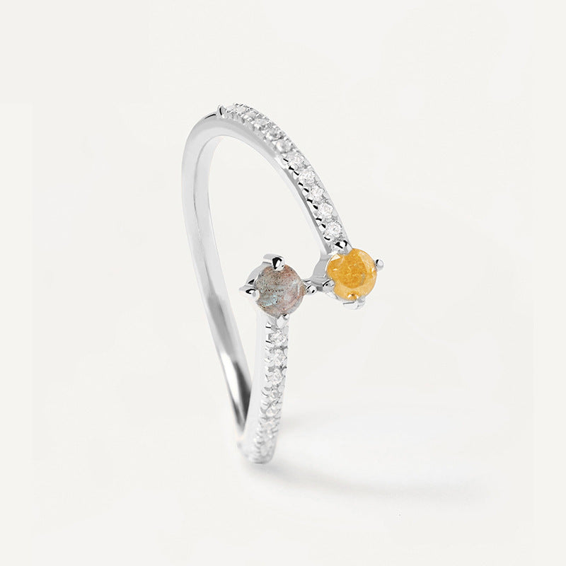 Cubic Zirconia Open Adjustable Ring 925 Sterling Silver Minimalist Pave Band Dual Round Stone Fashion Ring