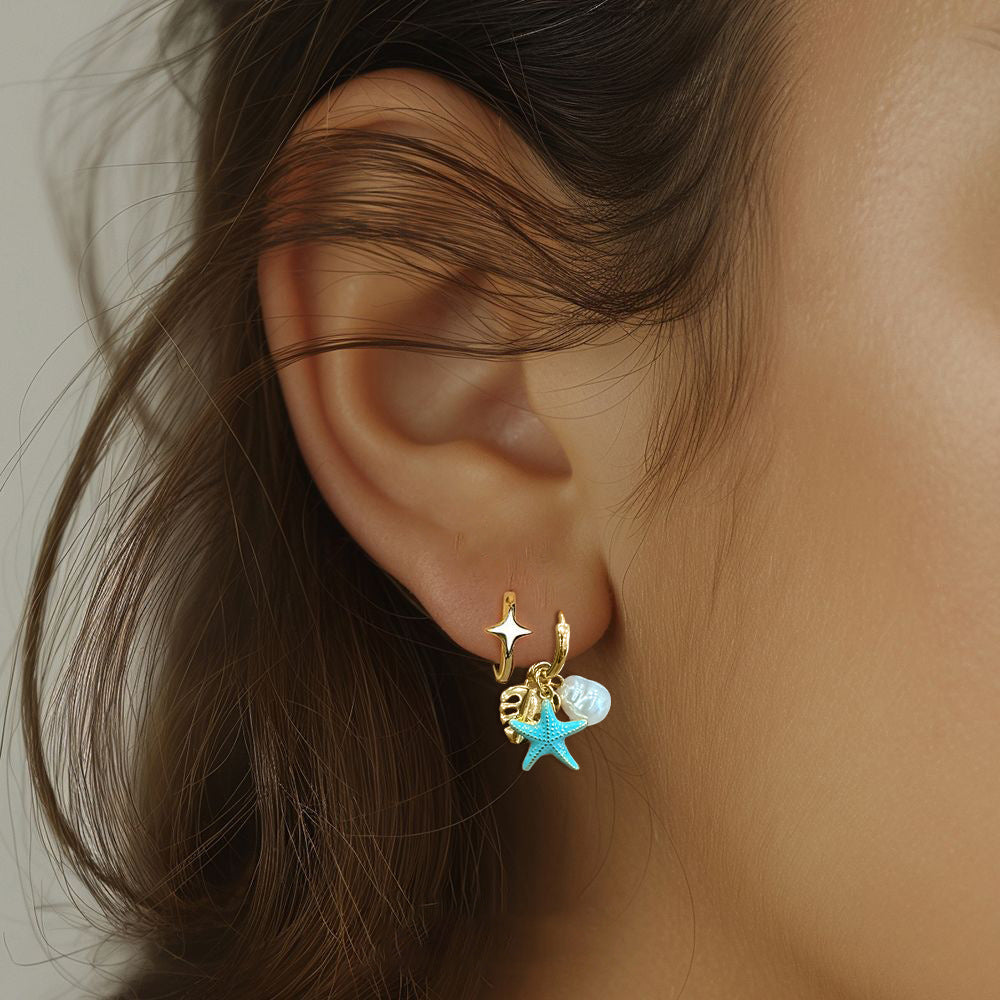 Summer Ocean Star Sea Pearl Circular Leaf-shaped Resin Pendant S925 Silver Earrings