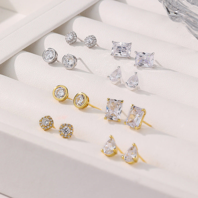 Office Simple CZ Geometry Round Rectangle Waterdrop 925 Sterling Silver Stud Earrings
