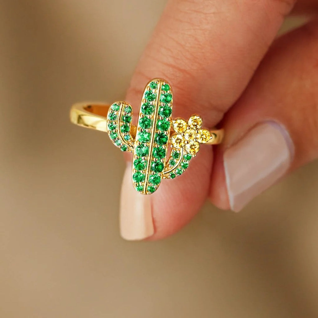 Green Cactus Flower Cubic Zirconia 925 Sterling Silver Ring