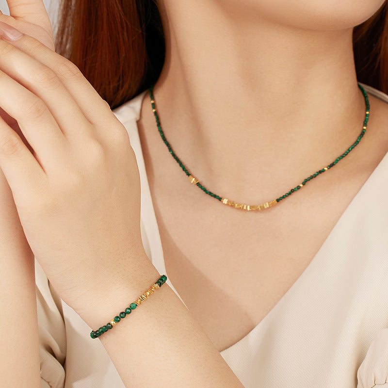 Green Malachite Beaded Geometric Design 18K Gold Plated 925 Sterling Silver Necklace