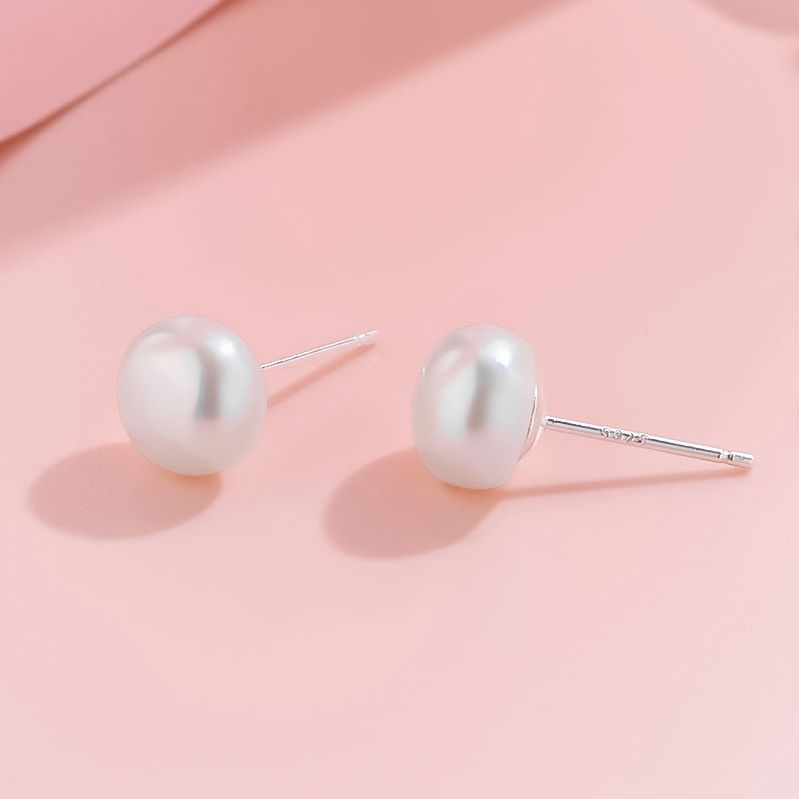Classic 925 Sterling Silver Geometric Design Elegant Freshwater Pearl Stud Earrings