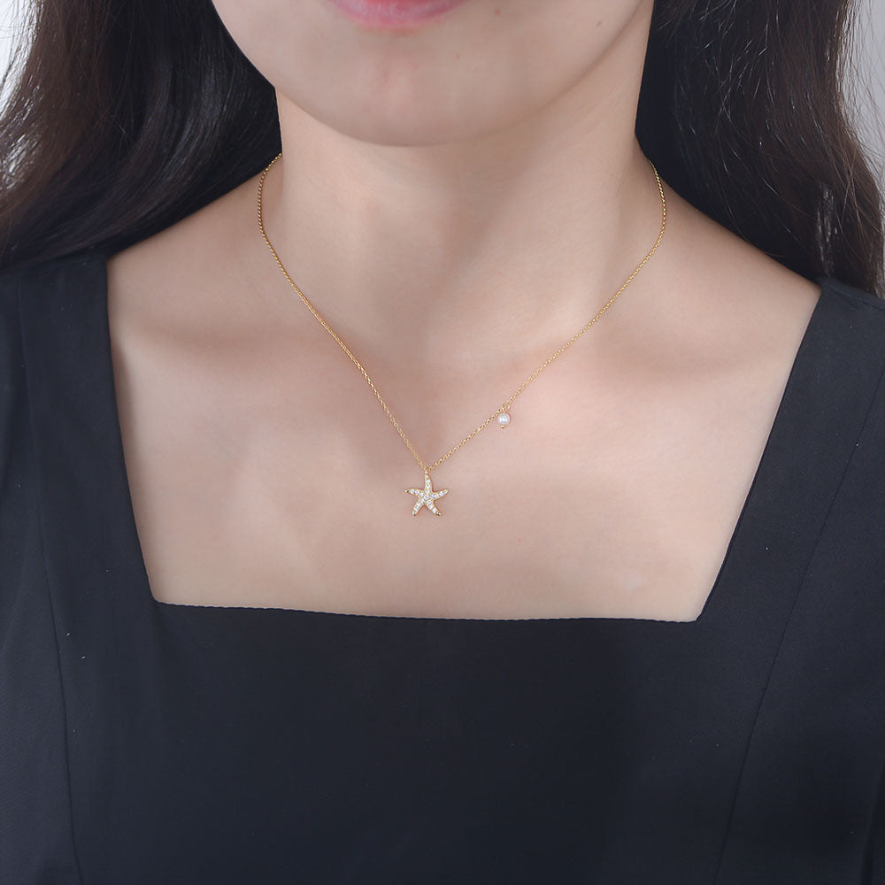 Starfish Pearl Cubic Zirconia 925 Sterling Silver Elegant Short Collar Chain Necklace