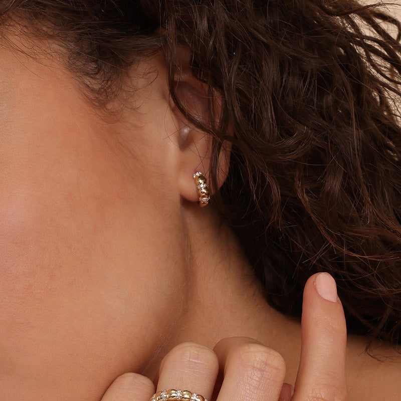 Geometric Oval Bead Spaced Cubic Zirconia 18K Gold Rhodium 925 Sterling Silver Hoop Huggie Earrings