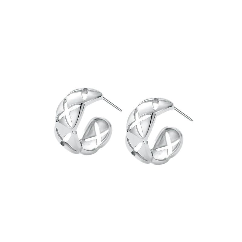 Classic Design  Quilted Pattern Luxury Statement Jewelry S925 Sterling Silver Hoop Earrings