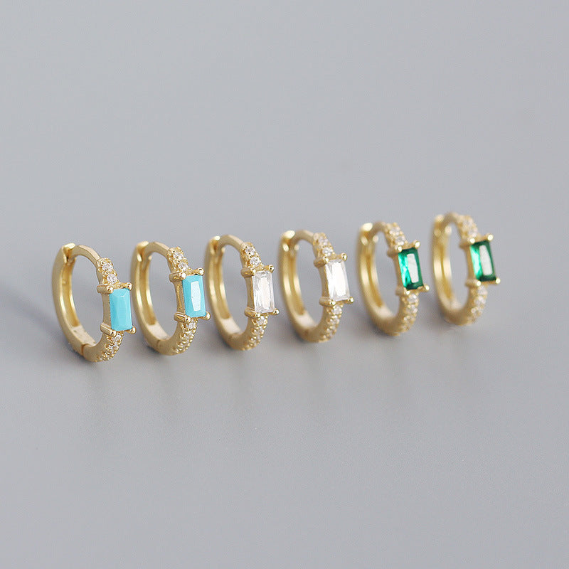 Elegant Geometric Design S925 Sterling Silver Hoop Earrings with Rectangular Cubic Zirconia for Women Fashion Jewelry in Multiple Colors