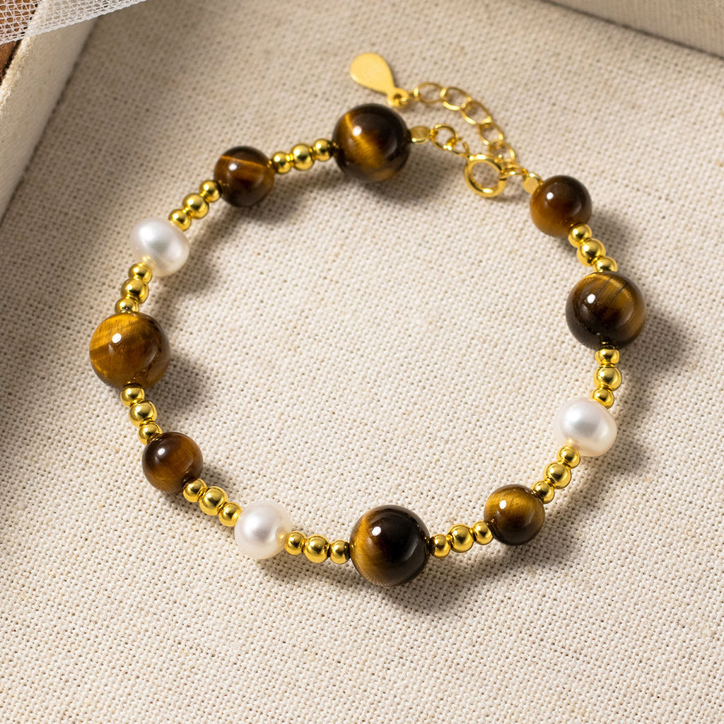 Tiger Eye Stone And Pearl Beaded S925 Silver Round Bead Chain Bracelet