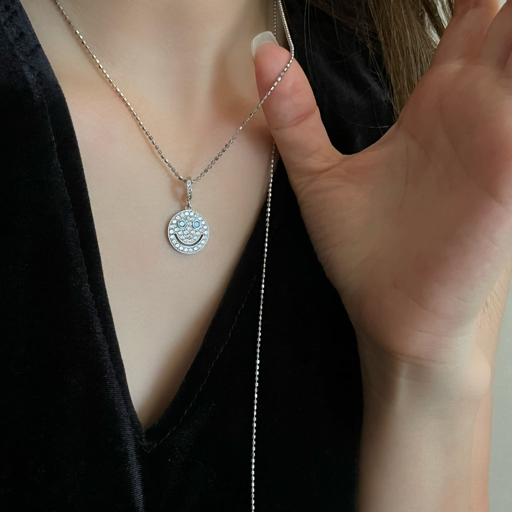 925 Sterling Silver Blue Smiley-Face Zirconia Round  Elegant and Sweet Necklace Pendant