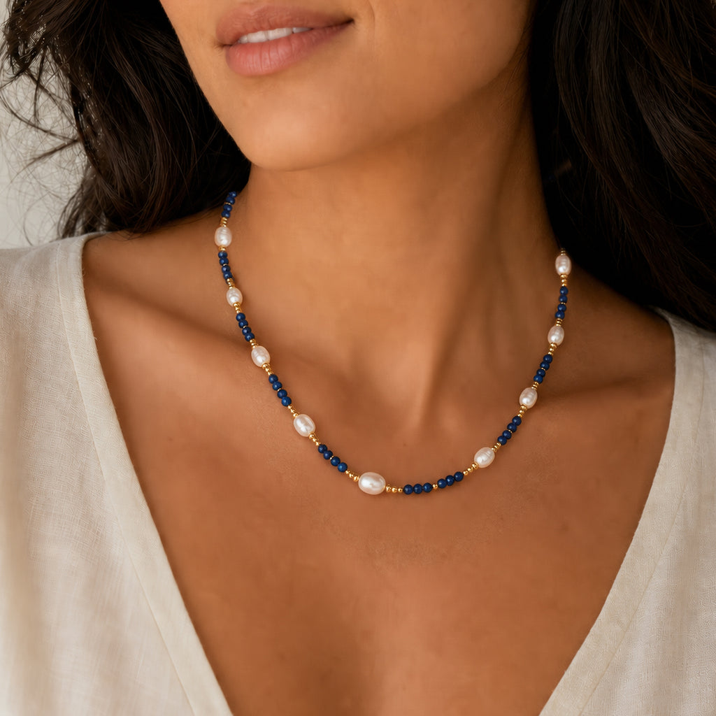 Elegant Deep Blue Agate Irregular Pearl Beaded Strand Fashion Jewellery Gift 925 Sterling Silver Necklace