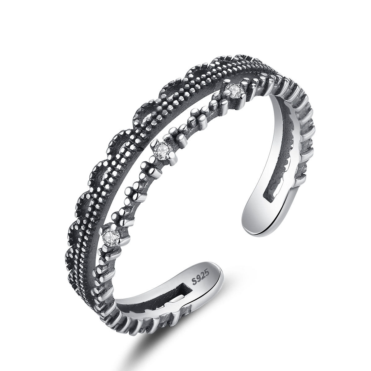 Vintage CZ Hollow Double 925 Sterling Silver Adjustable Ring