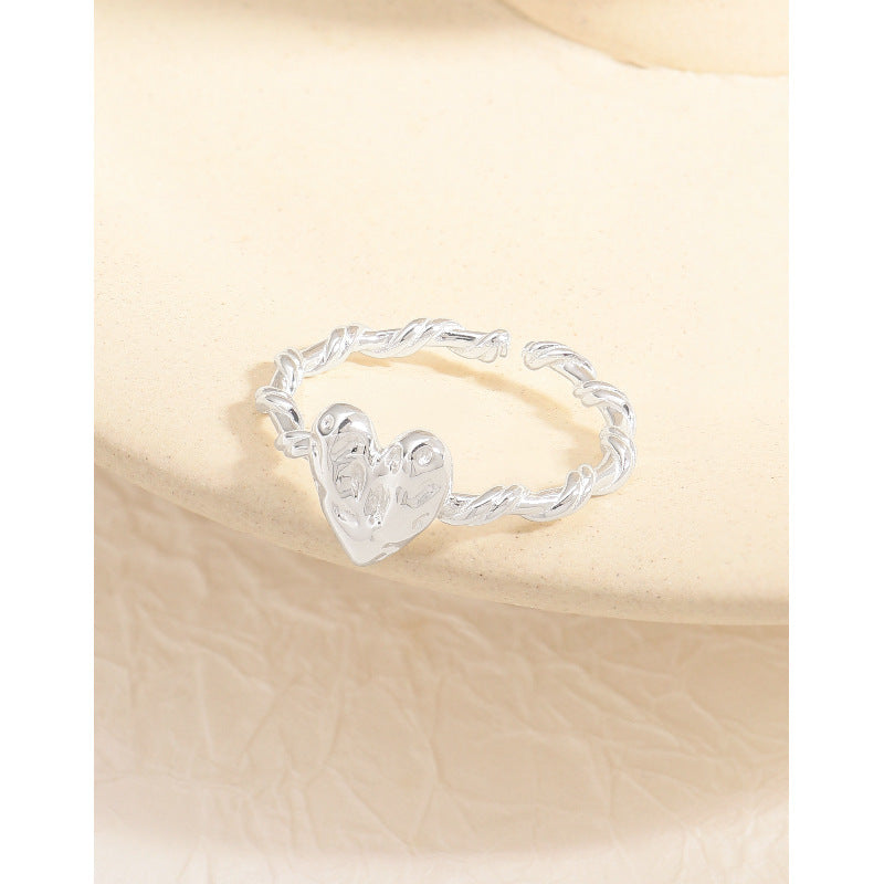 Irregular Texture Heart Shape Love S925 Sterling Silver Twist Adjustable Ring for Women Fashion Elegant Jewelry Gift