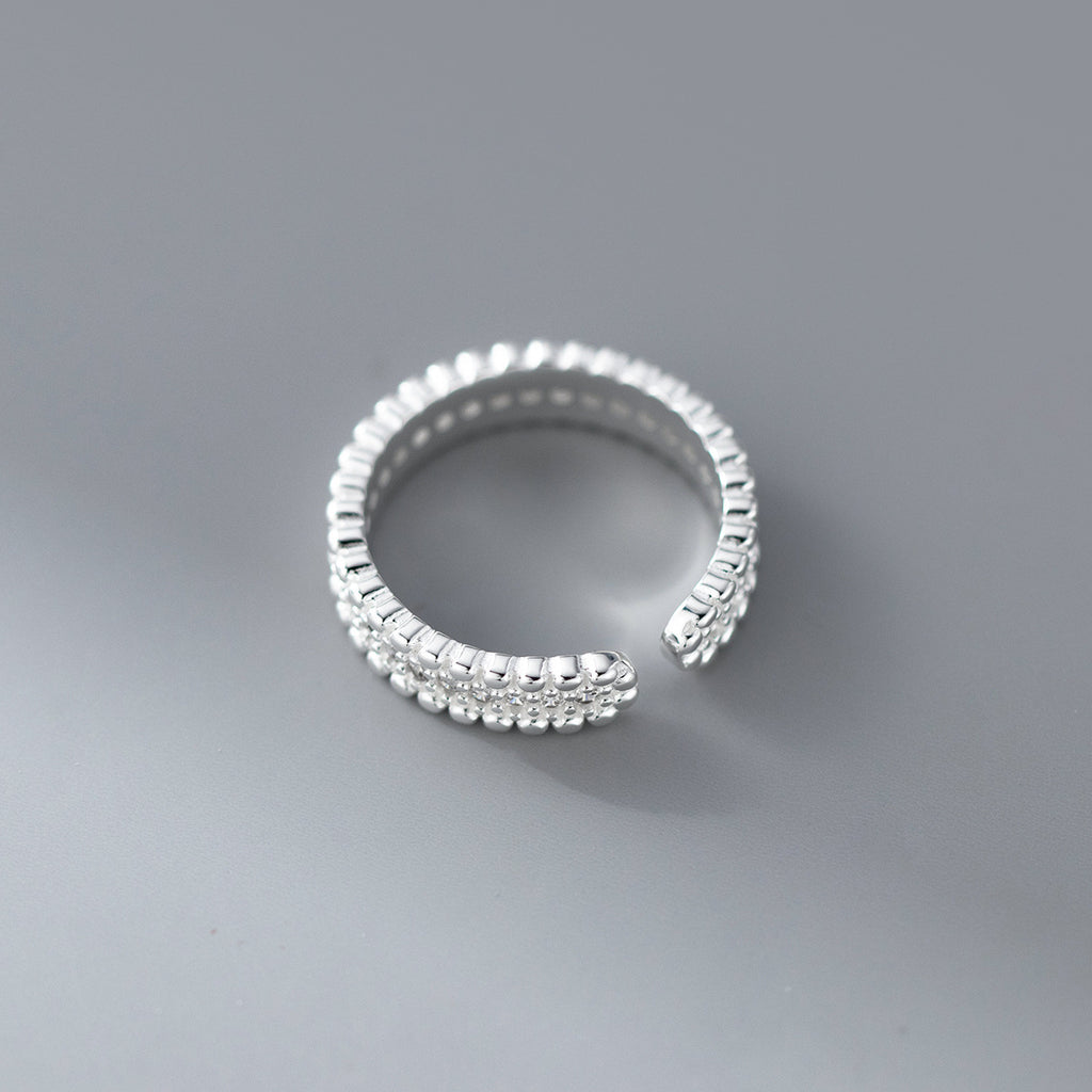Cubic Zirconia Multi Row Pave Beaded Edge S925 Sterling Silver Adjustable Open Band Ring