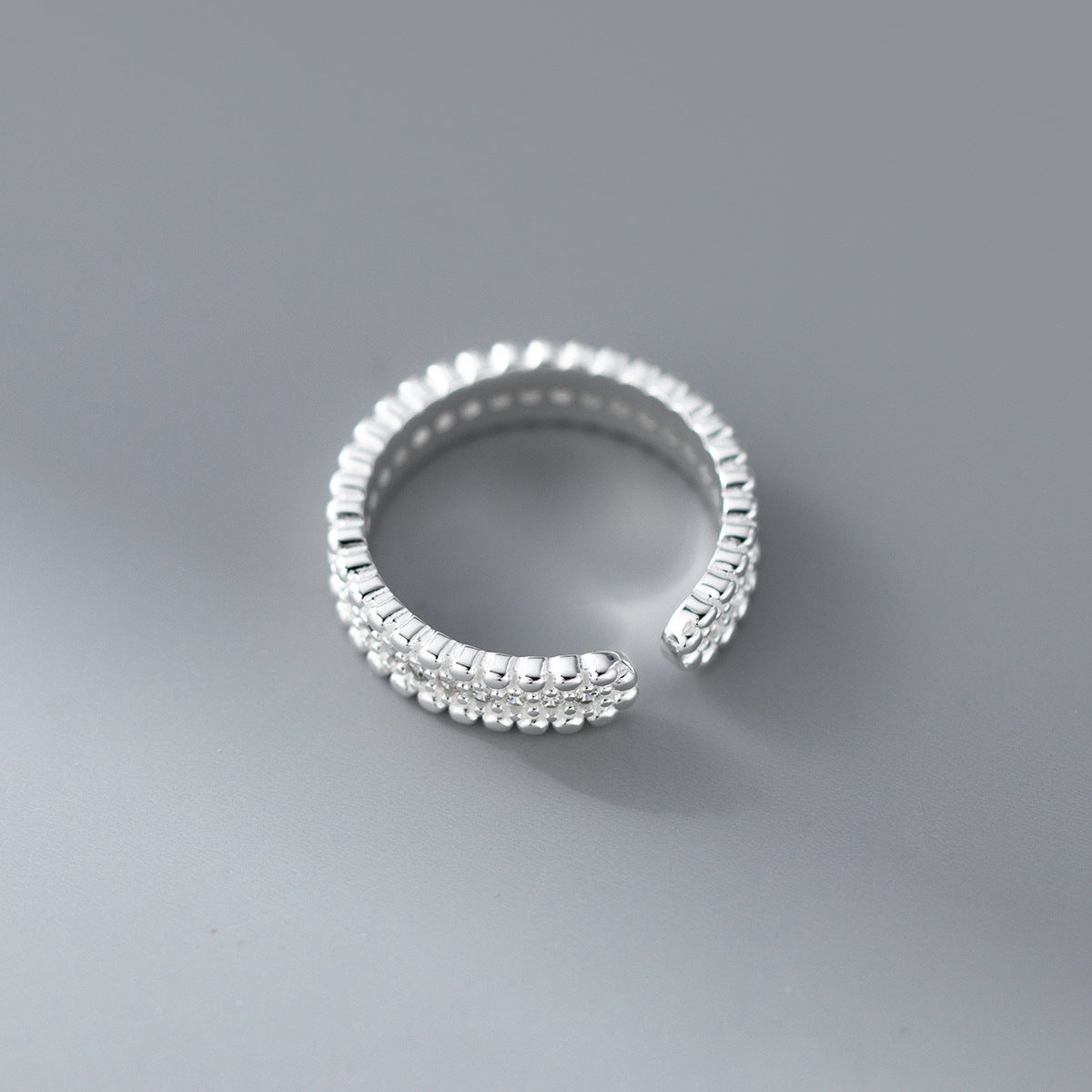 Cubic Zirconia Multi Row Pave Beaded Edge S925 Sterling Silver Adjustable Open Band Ring