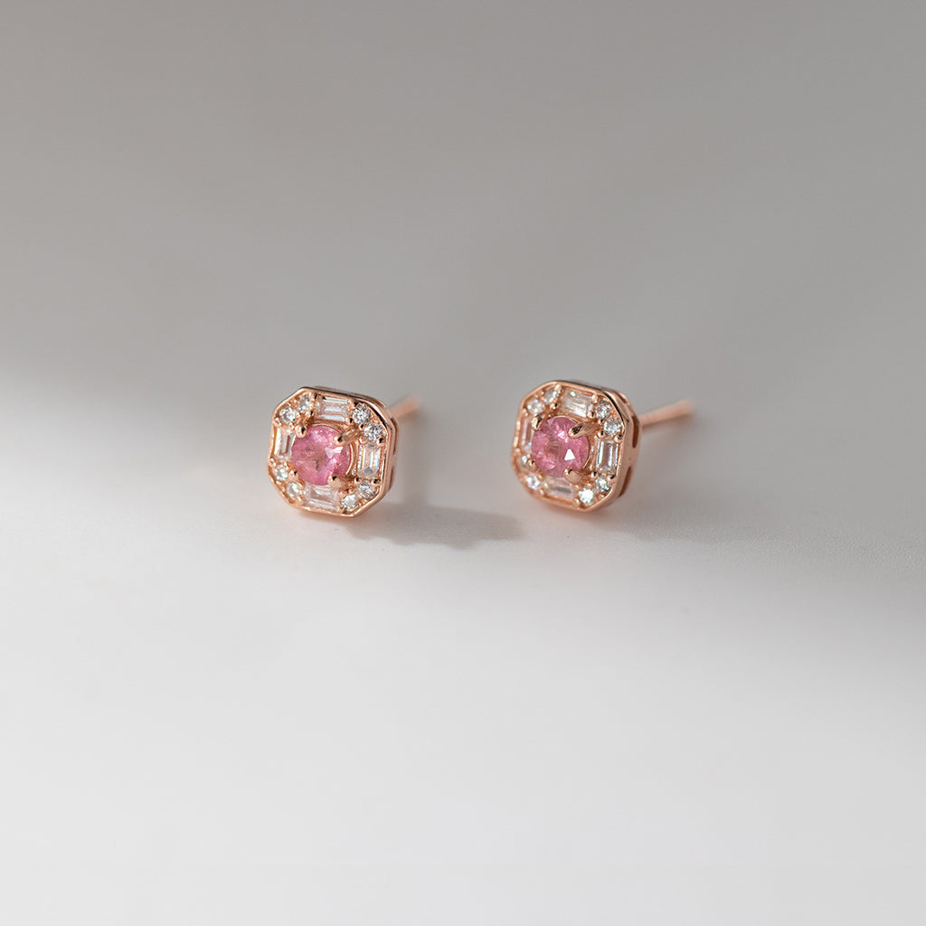 Delicate Square Halo Pink Center Stone Rose Gold Tone 925 Sterling Silver Mini Delicate Ear Stud Earrings