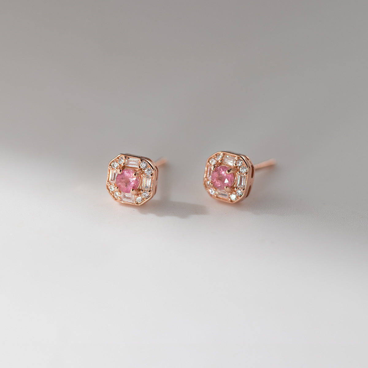 Delicate Square Halo Pink Center Stone Rose Gold Tone 925 Sterling Silver Mini Delicate Ear Stud Earrings