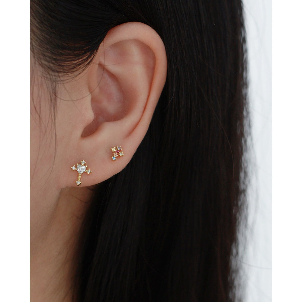 Cross Shaped Cubic Zirconia Multicoloured Gemstone 925 Sterling Silver Stud Earrings