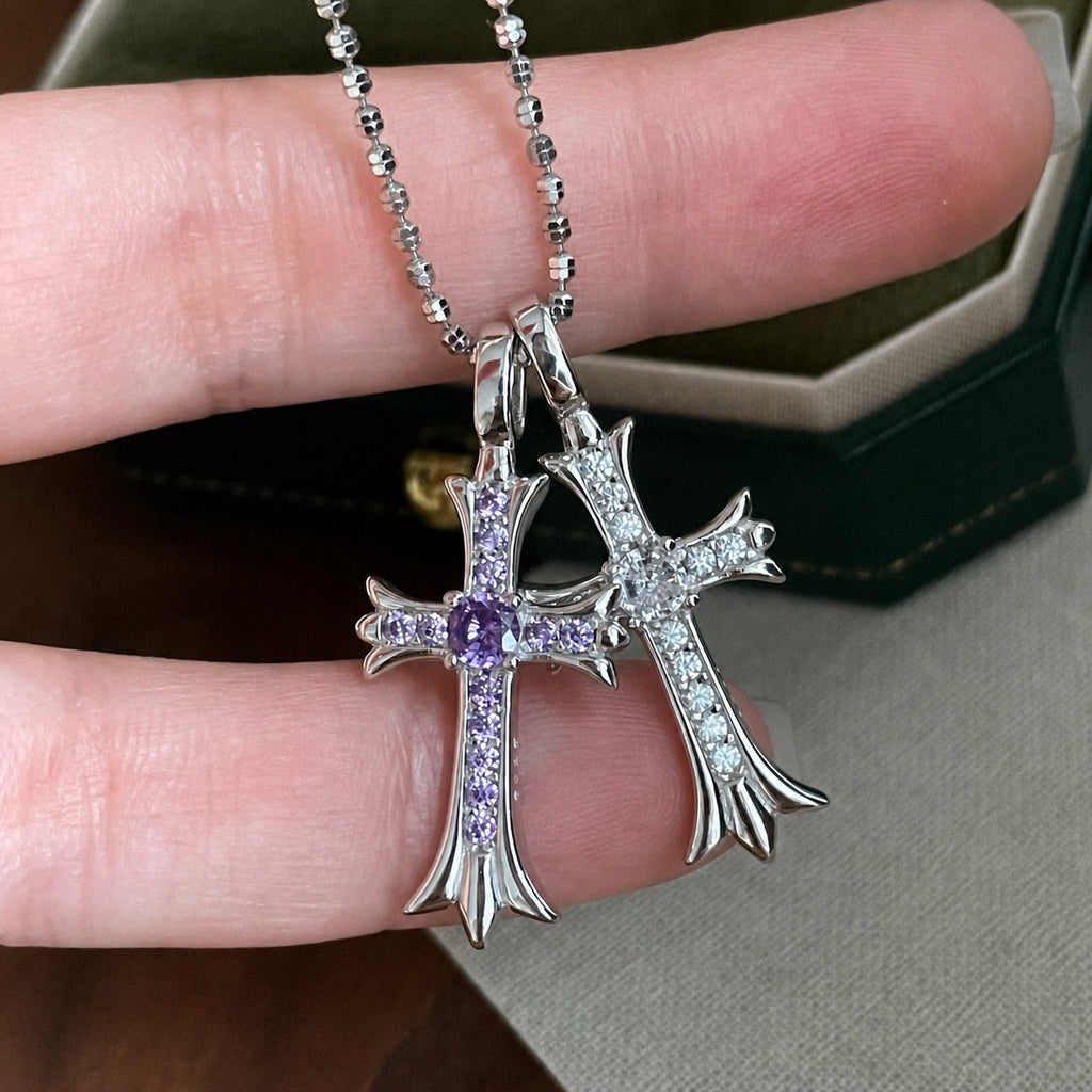 925 Sterling Silver Geometric Vintage Religious Cross Pendant Necklace with Purple or White Round Gemstone Accents