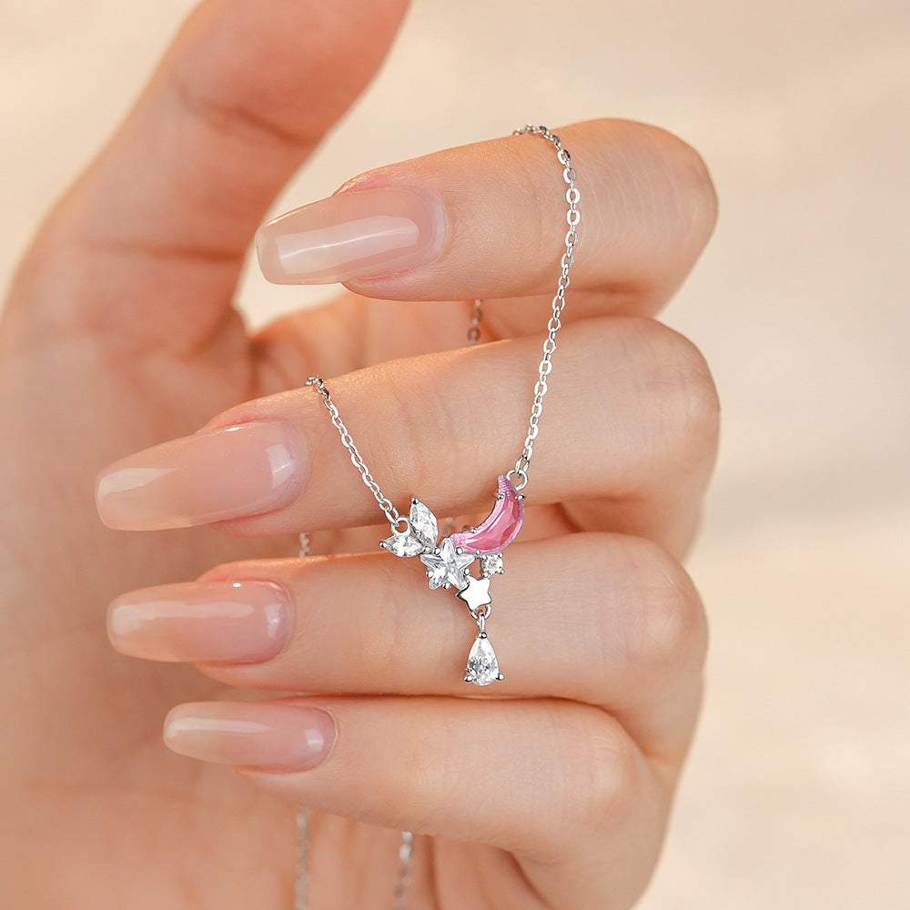 Women Pink CZ Cresceny Shining Star 925 Sterling Silver Necklace