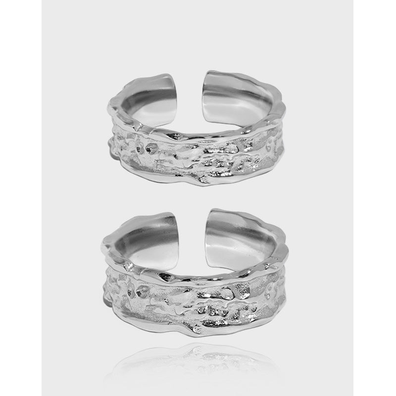 Pure Metal Irregular Hammered Textured Silver Color S925 Sterling Silver Open Adjustable Wide Band Ring