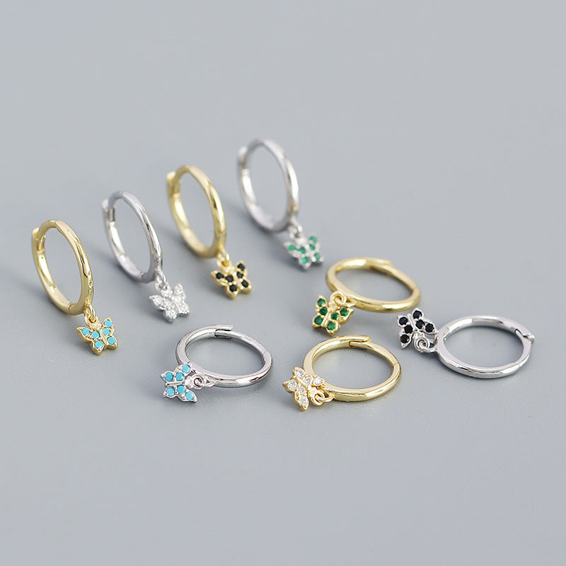 Sweet Mini CZ Flying Butterfly 925 Sterling Silver Hoop Earrings