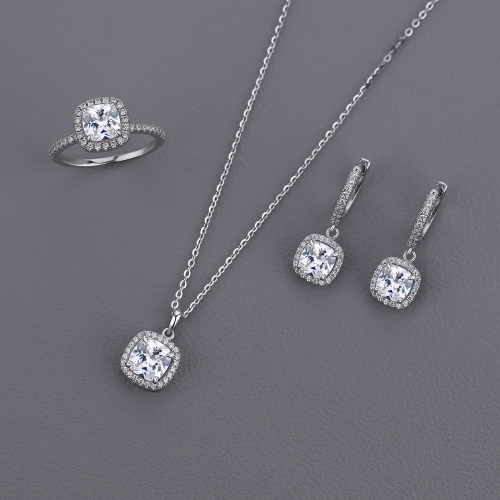Geometry Classic Radiant Cubic Zirconia 925 Sterling Silver Adjustable Ring Necklace Earrings
