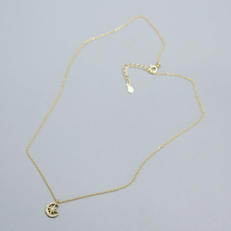 Sweet CZ Star Crescent Moon 925 Sterling Silver Necklace