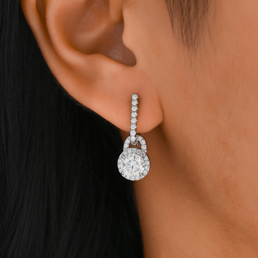 Moissanite Geometric Round Halo Drop Earrings  925 Sterling Silver Earring