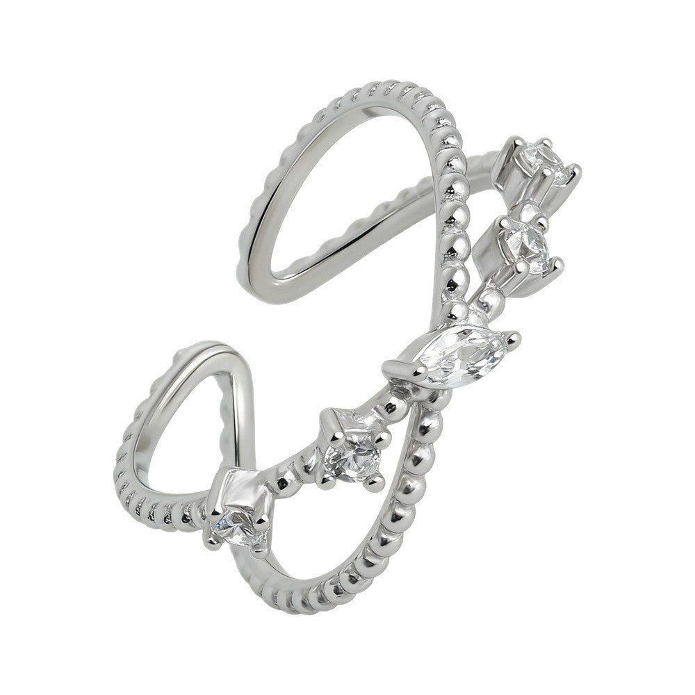 Cubic Zirconia Cross Style Open Adjustable Band 925 Sterling Silver Ring