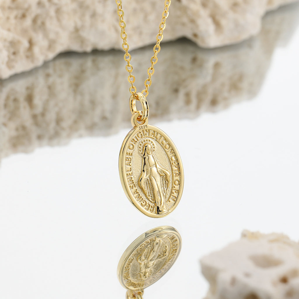 Religious Oval Virgin Mary Medallion S925 Sterling Silver Adjustable Chain Necklace
