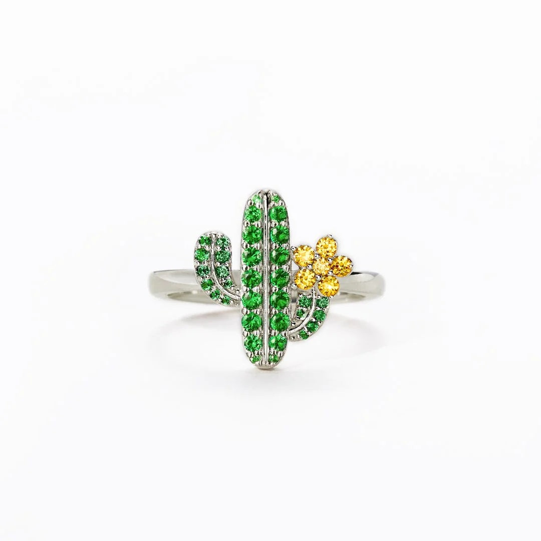 Green Cactus Flower Cubic Zirconia 925 Sterling Silver Ring