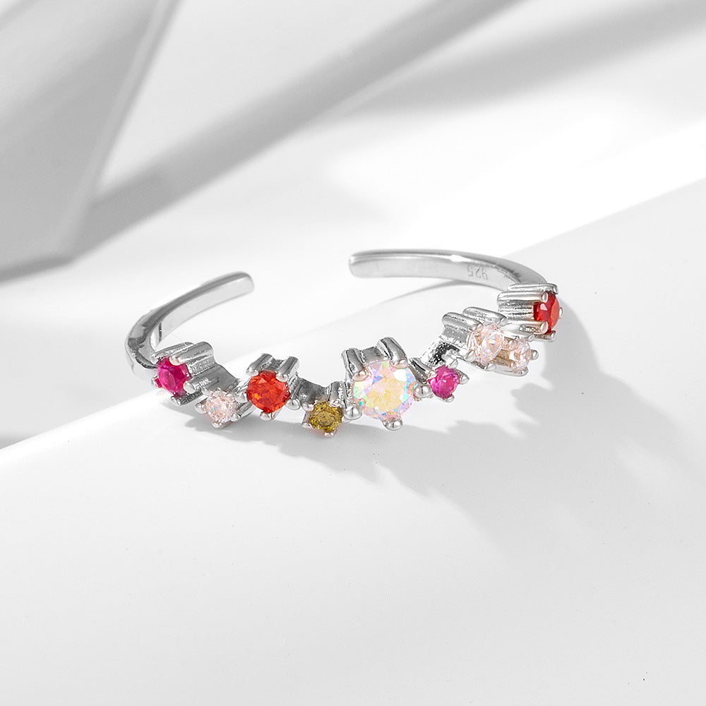 Fashion Colordul Rainbow Red CZ 925 Sterling Silver Irregular Adjustable Ring