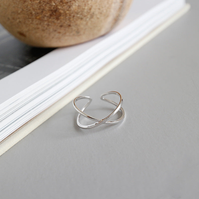 Modern Geometric X Shape Adjustable Pure Metal 925 Sterling Silver Open Band Minimalist Design Ring