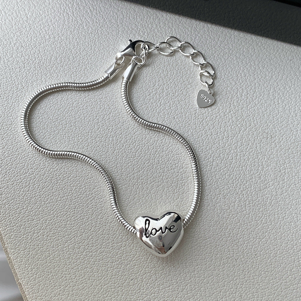 Silver S925 Sterling Silver Minimalist Heart Letter Love Bead Snake Chain Bracelet