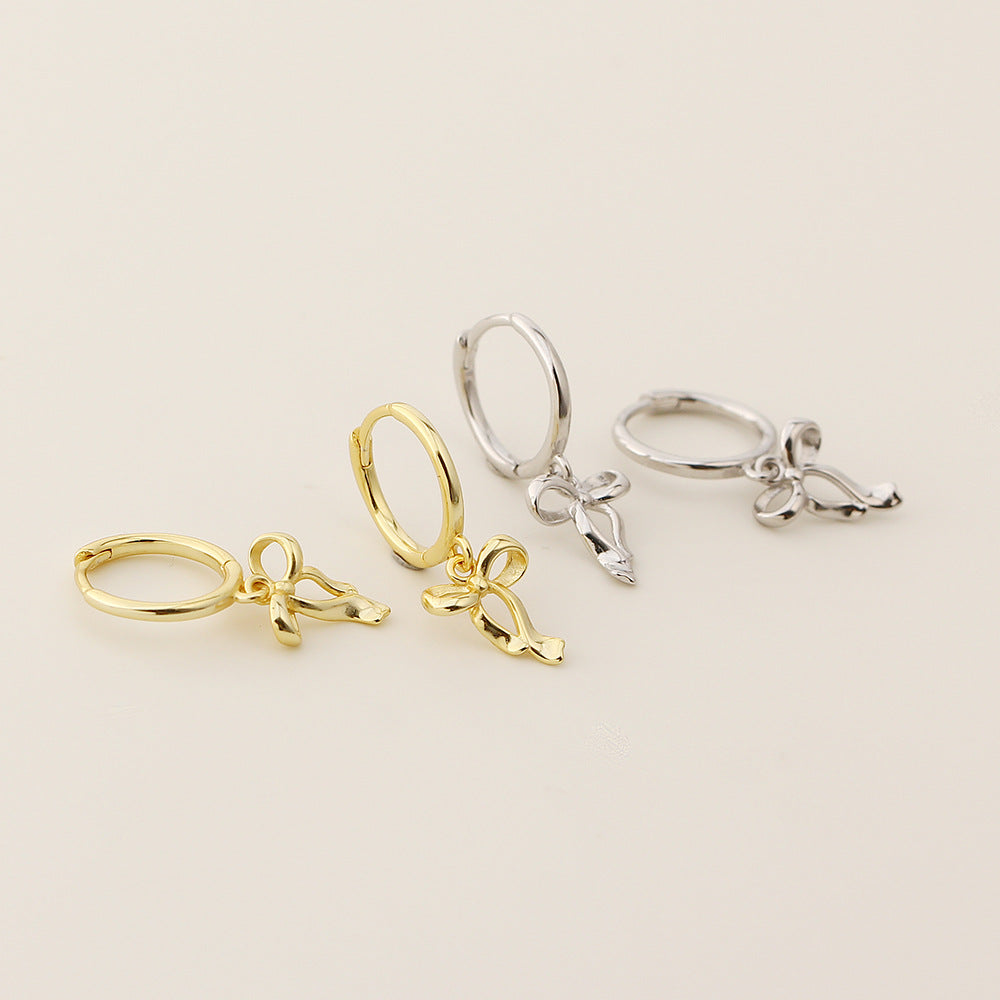 Bow Knot Ribbon 925 Sterling Silver Sweet Fresh Delicate Hoop Drop Dangle Earrings