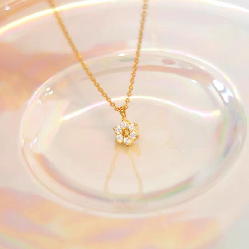 Women Cute Mini CZ Flower 925 Sterling Silver Necklace