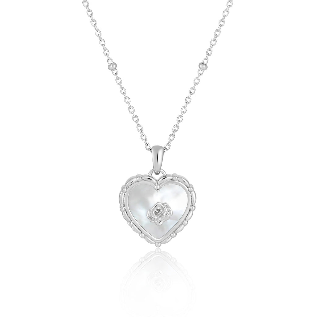 Heart Rose Natural Shell 925 Sterling Silver Pendant Necklace
