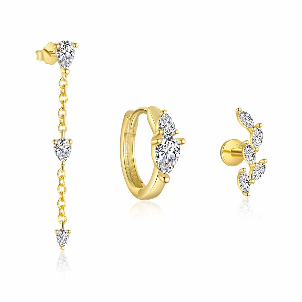 Fashion Golden CZ Tree Branch 925 Sterling Silver Stud Hoop Dangling Earrings Set