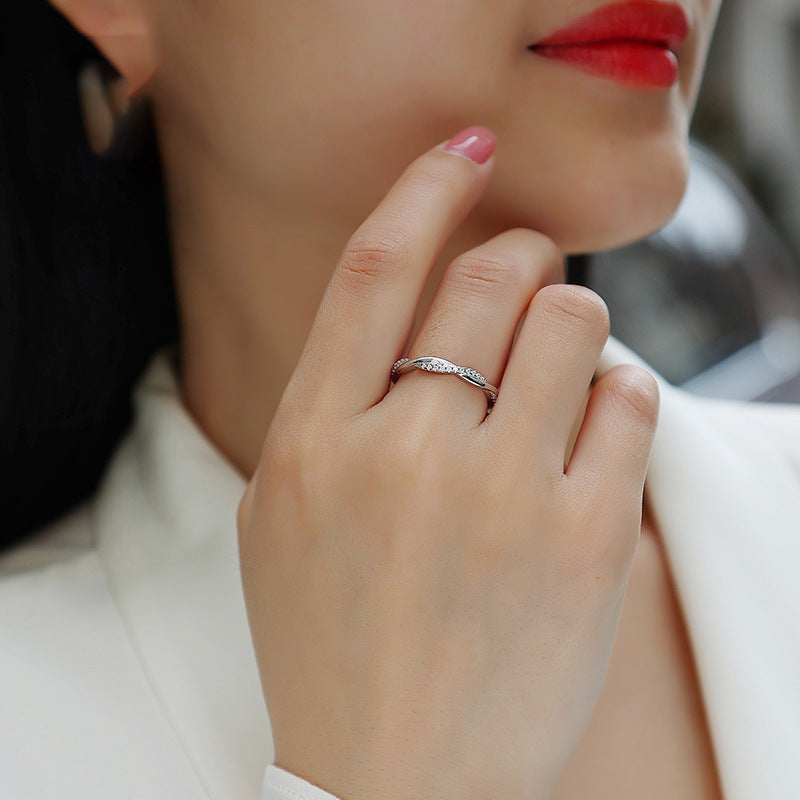 Moissanite Twisted Wave Line 925 Sterling Silver  Minimalist Geometric Pave Band Ring