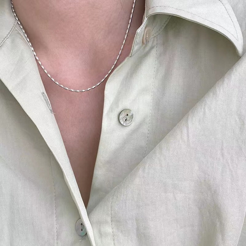 Polished Modern Olive Silver 925 Sterling Silver Minimalist Adjustable Collarbone Bead Chain Necklace