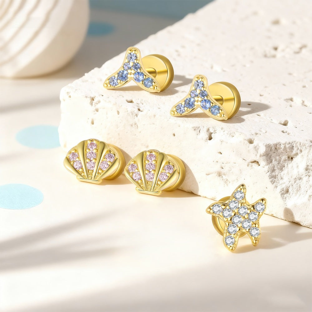 Ocean-themed cubic zirconia. Mermaid tail shell starfish. 18K gold coating. S925 silver Earring