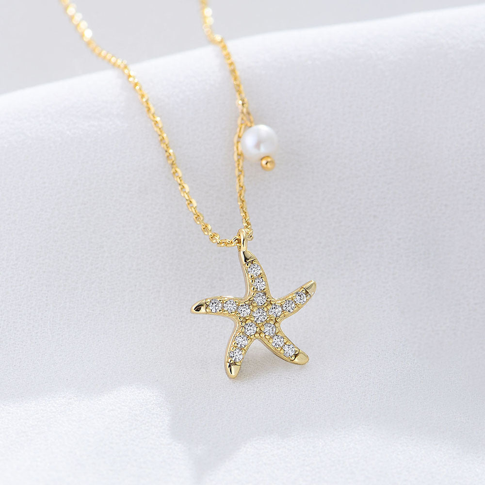 Starfish Pearl Cubic Zirconia 925 Sterling Silver Elegant Short Collar Chain Necklace