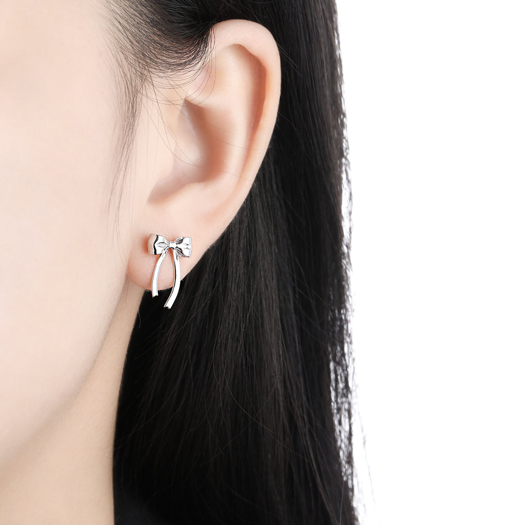 Women Minimalist French Style Elegant Bowknot Tassel Design S925 Sterling Silver Drop Earrings