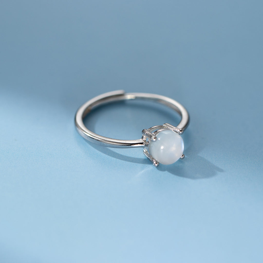Round Moonstone Natural Stone Four Prong S925 Sterling Silver Adjustable Open Ring