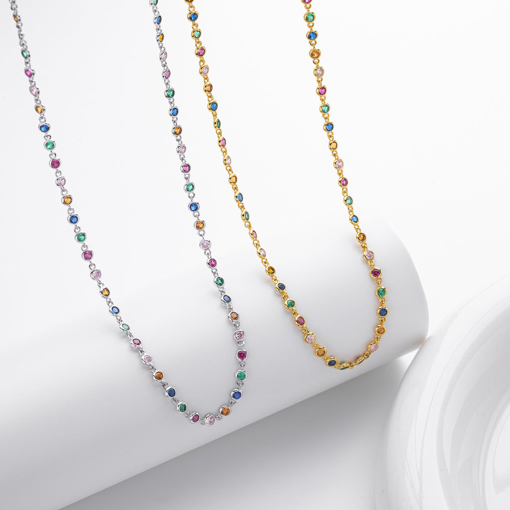 Colorful Cubic Zirconia Geometric Pattern 925 Sterling Silver Chain Necklace